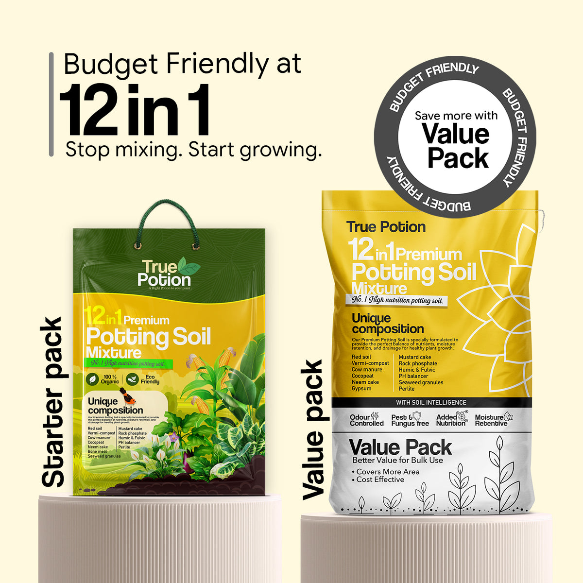 Two bags of True Potion 12 in 1 Premium Potting Soil Mixture displayed on pedestals against a light beige background. The left bag is green and labeled 'Starter pack', and the right bag is yellow and white labeled 'Value Pack'.