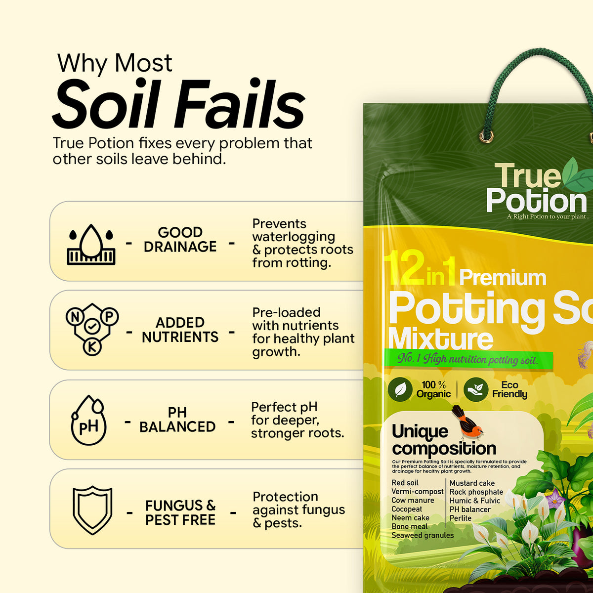 A promotional graphic for True Potion 12 in 1 Premium Potting Soil Mixture, showing a green and yellow hanging bag of soil alongside informational text about soil problems and benefits.