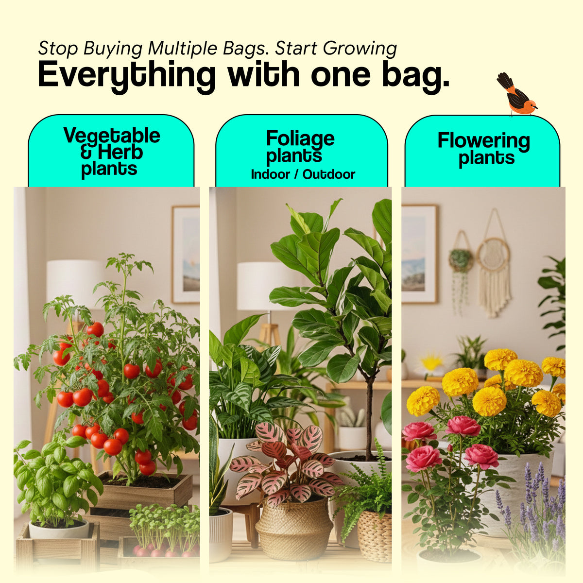 Marketing graphic: 'Stop Buying Multiple Bags, Start Growing Everything with one bag' showing vegetable & herb, foliage, and flowering plants